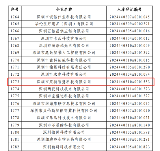 热烈祝贺深圳莱特智慧入库科技型中小企业